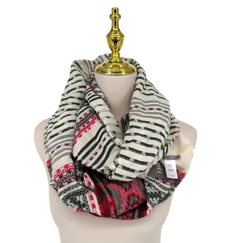 J. Jill Infinity Scarf Fair Isle Jacquard Cream Fringe Boho Wrap Knit Cozy NWT
